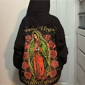 Black Embroidered Bomber Jacket with Virgin Mary Design